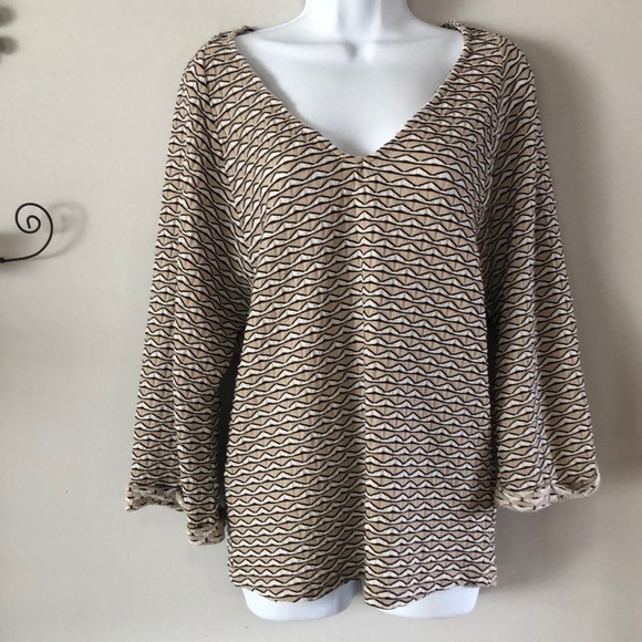 ANTHROPOLOGIE Postcard Texture Top 3/4 Rolled Cuff Sleeves V-Neck L Shirt Blouse - Picture 1 of 16